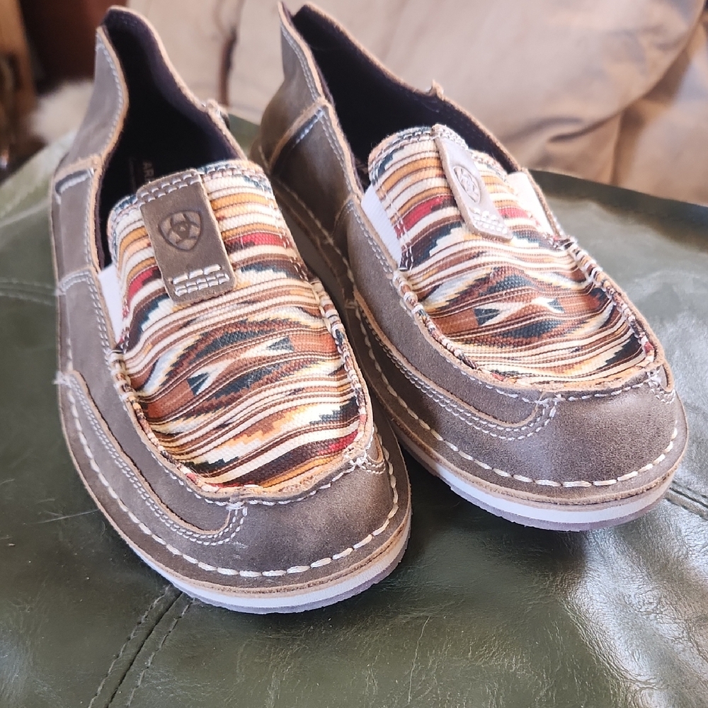 Ariat Brown Suede Slip-On Moccasins with Multicolor Southwestern Fabric